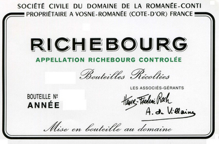 SOCIETE CIVILE DU DOMAINE DE LA ROMANEE-CONTI PROPRIETAIRE A VOSNE-ROMANEE (COTE-D'OR) FRANCE RICHEBOURG APPELLATION RICHEBOURG CONTROLEE BOUTEILLES RECOLTEES BOUTEILLE NO ANNEE LES ASSOCIES-GERANTS HENRI-FREDERIC ROCH A. DE VILLAINE MISE EN BOUTEILLE AU DOMAINE logo
