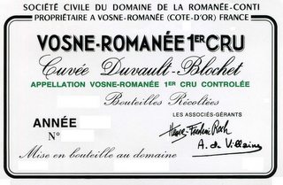 SOCIETE CIVILE DU DOMAINE DE LA ROMANEE-CONTI PROPRIETAIRE A VOSNE-ROMANEE (COTE-D'OR) FRANCE VOSNE-ROMANEE 1ER CRU CUVEE DUVAULT-BLOCHET APPELLATION VOSNE-ROMANEE 1ER CRU CONTROLEE BOUTEILLES RECOLTEES ANNEE NO LES ASSOCIES-GERANTS HENRI-FREDERIC ROCH A. DE VILLAINE MISE EN BOUTEILLE AU DOMAINE logo
