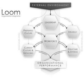 SOCIOCULTURAL SYSTEM LOOM ORGANIZATION DIAGNOSTIC EXTERNAL ENVIRONMENT LEADERSHIP PREFERRED CULTURE WORKFORCE STRATEGY CURRENT CULTURE NETWORKS STRUCTURE & SYSTEMS ORGANIZATIONAL PERFORMANCE INFLUENCES DESIGN DIRECH WORKS THROUGH AND RESULT IN TECHNO-STRUCTURAL SYSTEM logo