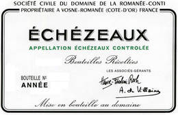 SOCIÉTÉ CIVILE DU DOMAINE DE LA ROMANÉE-CONTI PROPRIÉTAIRE A VOSNE-ROMANÉE (COTE-D'OR) FRANCE ÉCHÉZEAUX APPELLATION ÉCHÉZEAUX CONTROLÉE BOUTEILLES RÉCOLTÉES BOUTEILLE NO ANNÉE LES ASSOCIÉS-GÉRANTS HENRI-FREDERIC ROCH A. DE VILLAINE MISE EN BOUTEILLE AU DOMAINE logo