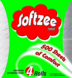SOFTZEE TISSUE 500 SHEETS OF COMFORT UNSCENTED BATHROOM TISSUE 4 ROLLS ??? ONLY PLY SHEETS PER ROLL ??? SQ. FT (000M) MEASUREMENTS logo