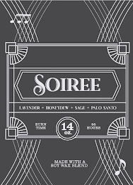 SOIREE LAVENDER + HONEYDEW + SAGE + PALO SANTO BURN TIME 95 HOURS 14 OZ. MADE WITH A SOY WAX BLEND logo