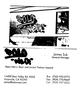 SOLO "WEAR" JAMES SUK GENERAL MANAGER RENTAL MEN'S BOYS' AND JUNIORS' FASHION APPAREL logo