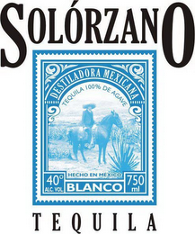 SOLÓRZANO TEQUILA TEQUILA 100% AGAVE HECHO EN MEXICO DESTILADORA MEXICANA, BLANCO, 40º ALC. VOL. 750 ML TEQUILA logo