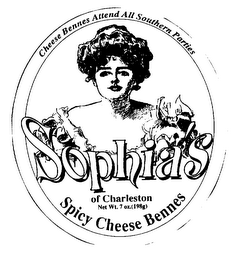 SOPHIA'S OF CHARLESTON NET WT. 7 OZ. (198G) SPICY CHEESE BENNES CHEESE BENNES ATTEND ALL SOUTHERN PARTIES logo