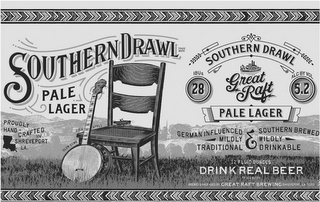 SOUTHERN DRAWL TRADE MARK PALE LAGER PROUDLY HAND-CRAFTED IN SHREVEPORT LA SLOW DOWN SIT A SPELL GREAT RAFT IBUS 28 ALC BY VOL 5.2 GERMAN INFLUENCED MILDLY TRADITIONAL SOUTHERN BREWED WILDLY DRINKABLE 12 FLUID OUNCES DRINK REAL BEER BREWED & PACKAGED BY GREAT RAFT BREWING SHREVEPORT, LA 71103 logo