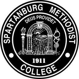 SPARTANBURG METHODIST COLLEGE 1911 DEUS PROVIDET TOIL MANUAL CHRISTIAN CHARACTER MENTAL CULTURE logo