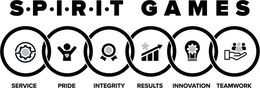 S·P·I·R·I·T GAMES SERVICE PRIDE INTEGRITY RESULTS INNOVATION TEAMWORK & DESIGN logo