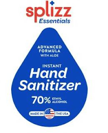 SPLIZZ ESSENTIALS ADVANCED FORMULA WITH ALOE INSTANT HAND SANITIZER 70% ETHYL ALCOHOL MADE IN THE USA logo