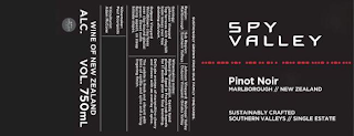 SPY VALLEY PINOT NOIR MARLBOROUGH // NEW ZEALAND SUSTAINABLY CRAFTED SOUTHERN VALLEYS//SINGLE ESTATE SUSTAINABLY GROWN FROM OUR FAMILY VINEYARDS REGION: SUB REGIONS: GEOLOGY: WINEMAKING NOTES: WINEMAKER: VITICULTURIST: WINE OF NEW ZEALAND ALC. VOL. 750ML SPY VALLEY WINES logo