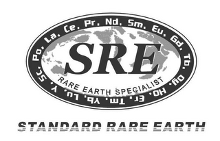 SRE RARE EARTH SPECIALISTS STANDARD RARE EARTH, LA, CE, PR, ND, SM, EU, Y, GD, ER, TB, DY, HO, TM, YB. LU, SC, PO logo