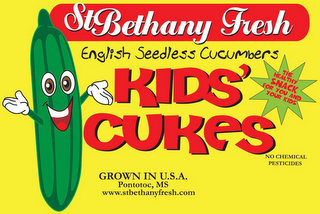 ST BETHANY FRESH ENGLISH SEEDLESS CUCUMBERS KIDS' CUKES THE HEALTHY SNACK FOR YOU AND YOUR KIDS GROWN IN U.S.A. PONTOTOC, MS WWW.STBETHANYFRESH.COM NO CHEMICAL PESTICIDES logo