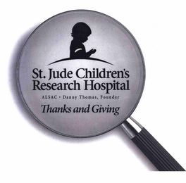 ST. JUDE CHILDREN'S RESEARCH HOSPITAL ALSAC DANNY THOMAS, FOUNDER THANKS AND GIVING logo