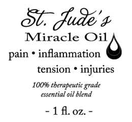 ST. JUDE'S MIRACLE OIL PAIN · INFLAMMATION TENSION · INJURIES 100% THERAPEUTIC GRADE ESSENTIAL OIL BLEND -1 FL. OZ.- logo