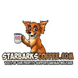 STARBARKSCOFFEE.COM 100% OF OUR PROFITS SUPPORT ANIMAL WELFARE STAR BARKS COFFEE & TEE logo