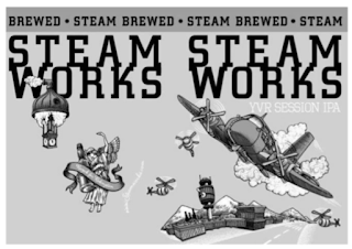 STEAM WORKS STEAM WORKS · STEAM BREWED · STEAM BREWED · STEAM BREWED · YVR SESSION IPA WWW.STEAMWORKS.COM RECYCLE FOR REDEMPTION logo