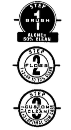 STEP 1 BRUSH ALONE = 50% CLEAN STEP 2 FLOSS 1+2 = UP TO 70% CLEAN STEP 3 CUSTOM CLEAN 1+2+3 = OPTIMAL GUM CARE logo