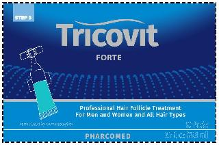 STEP 3 TRICOVIT FORTE PROFESSIONAL HAIR FOLLICLE TREATMENT FOR MEN AND WOMAN AND ALL HAIR TYPES FORMULATED BY DERMATOLOGIST 10 PACKS PHARCOMED 2.7 FL OZ (79.8 ML) logo