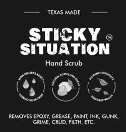STICKY SITUATION  HAND SCRUB MOISTURIZERS ADDED STICKINESS REMOVER HAND SCRUB CITRUS LIME SCENT NO HARSH SOLVENTS TM logo