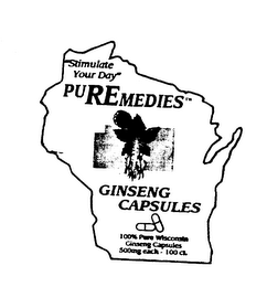 STIMULATE YOUR DAY PUREREMEDIES GINSENG CAPSULES 100 % PURE WISCONSIN GINSENG CAPSULES 500MG EACH-100 CT. logo