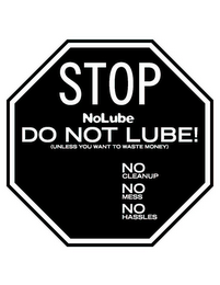 STOP NO LUBE DO NOT LUBE! (UNLESS YOU WANT TO WASTE MONEY) NO CLEANUP NO MESS NO HASSLES logo