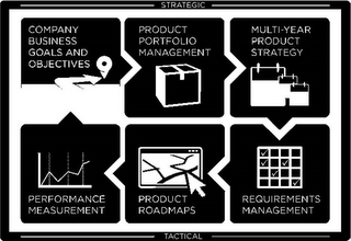 STRATEGIC TACTICAL COMPANY BUSINESS GOALS AND OBJECTIVES PRODUCT PORTFOLIO MANAGEMENT MULTI-YEAR PRODUCT STRATEGY REQUIREMENTS MANAGEMENT PRODUCT ROADMAPS PERFORMANCE MEASUREMENT logo