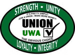 STRENGTH UNITY LOYALTY INTEGRITY UNION UWA IT'S PRETTY SIMPLE: JOIN A UNION - MAKE MORE MONEY! THE OBVIOUS CHOICE logo