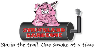 STRICKLAND BARBEQUE BLAZIN THE TRAIL. ONE SMOKE AT A TIME logo