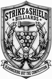 STRIKE & SHIELD BILLIARDS HAMMERING OUT THE COMPETITION logo