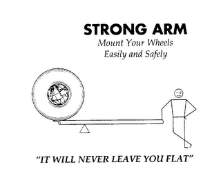 STRONG ARM MOUNT YOUR WHEELS EASILY AND SAFELY "IT WILL NEVER LEAVE YOU FLAT" logo
