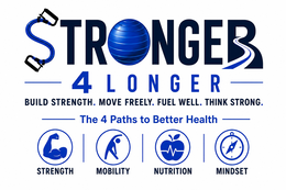 STRONGER 4 LONGER BUILD STRENGTH. MOVE FREELY. FUEL WELL. THINK STRONG. THE 4 PATHS TO BETTER HEALTH STRENGTH MOBILITY NUTRITION MINDSET logo
