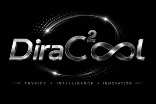 STYLIZED FORM DIRACOOL OVER AN OVAL STAR FIELD ON A BLACK BACKGROUND, THE SUPERSCRIPT 2 ON THE CAPITAL C, AND A STYLIZED DOUBLE "O" FORMING AN INFINITY SYMBOL ABOVE THE CAPITALIZED WORDS PHYSICS, INTELLIGENCE AND INNOVATION logo