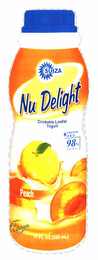 SUIZA NU DELIGHT DRINKABLE LOW FAT YOGURT + VITAMINS A & D 98% FAT FREE PEACH 11 FL OZ (325ML) EXCELLENT SOURCE OF CALCIUM logo