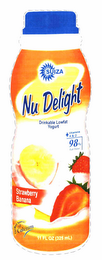 SUIZA NU DELIGHT DRINKABLE LOWFAT YOGURT STRAWBERRY BANANA + VITAMINS A & D 98% FAT FREE PEACH 11 FL OZ (325ML) EXCELLENT SOURCE OF CALCIUM logo