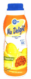 SUIZA NU DELIGHT PASSION FRUITS DRINKABLE LOWFAT YOGURT + VITAMIN A & D 98% FAT FREE 11 FL OZ (325ML) EXCELLENT SOURCE OF CALCIUM logo