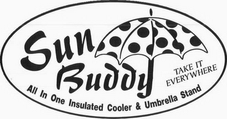SUN BUDDY ALL IN ONE INSULATED COOLER & UMBRELLA STAND TAKE IT EVERYWHERE logo