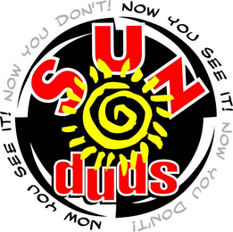 SUN DUDS NOW YOU SEE IT! NOW YOU DON'T! logo