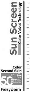 SUN SCREEN COLOR VELVET TECHNOLOGY COLOR SECOND SKIN 50+SPF STEM CELL DNA PROTECTION UVA FREZYDERM logo