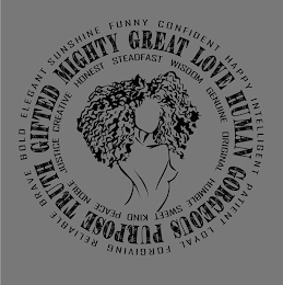 SUNSHINE FUNNY CONFIDENT HAPPY INTELLIGENT PATIENT LOYAL FORGIVING RELIABLE BRAVE BOLD ELEGANT HONEST STEADFAST WISDOM GENUINE ORIGINAL HUMBLE SWEET KIND PEACE NOBLE JUSTICE CREATIVE MIGHTY GREAT LOVE HUMAN GORGEOUS PURPOSE TRUTH GIFTED logo