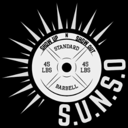 S.U.N.S.O. SHOW UP N SHOW OUT STANDARD BARBELL 45 LBS X logo