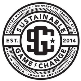 SUSTAINABLE GAME CHANGE SGC EST. 2014 RECYCLED MATERIALS REINVENT THE PRODUCT CYCLE MADE IN AMERICA LOWERING ENVIRONMENTAL IMPACT logo