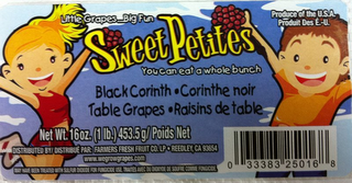 SWEETPETITIES, LITTLE GRAPES...BIG FUN. YOU CAN EAT A WHOLE BUNCH BLACK CORINTH · CORINTHE NOIR TABLE GRAPES · RAISINS DE TABLE logo