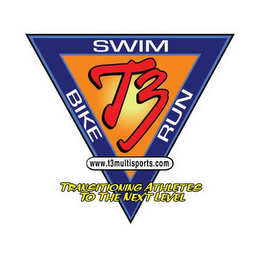 SWIM BIKE RUN T3 TRANSITIONING ATHLETES TO THE NEXT LEVEL WWW.T3MULTISPORTS.COM logo