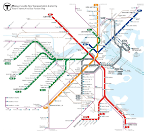 T MASSACHUSETTS BAY TRANSPORTATION AUTHORITY RAPID TRANSIT/KEY BUS ROUTES MAP logo