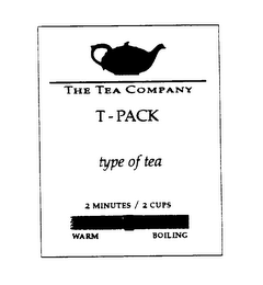 T-PACK THE TEA COMPANY TYPE OF TEA 2 MINUTES/2 CUPS WARM BOILING logo