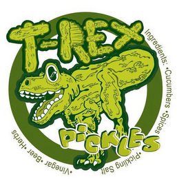 T-REX PICKLES INGREDIENTS: · CUCUMBERS · SPICES · PICKLING SALT ·VINEGAR · BEER · HERBS logo