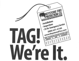 TAG! WE'RE IT. KEYSTONE FIRE PROTECTION CO. ENGINEERED FIRE PROTECTION SPECIALISTS INSTALLATIONS INSPECTIONS 24-HR. EMERGENCY SERVICE (888) 641-0100 WWW.KEYSTONEFIRE.COM VOID 1 YEAR FROM MO PUNCHED SYSTEMS & MOS SERVICED NEW RECHARGED JAN FEB MAR APRIL MAY JUNE JULY AUG SEPT OCT NOV DEC logo