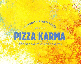 TANDOOR-FIRED PIZZA EST. 2017 PIZZA KARMA EAT GLOBALLY. GIVE LOCALLY. logo