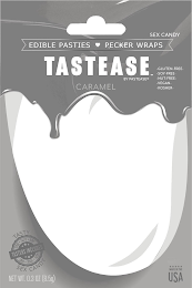 TASTEASE BY PASTEASE EDIBLE PASTIES PECKER WRAPS SEX CANDY -GLUTEN-FREE -SOY-FREE -NUT-FREE -VEGAN-KOSHER-CARAMEL TEASE · TASTE · HINT TASTE · TEASE · HINT TASTERS INCLUDED TASTY SEX CANDY NET WT. 0.3 OZ (8.5G) MADE IN THE USA logo