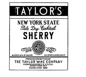 TAYLOR'S NEW YORK STATE PALE DRY COCKTAIL SHERRY THE TAYLOR WINE COMPANY HAMMONDSPORT, N.Y. USA BONDED WINERY ESTABLISHED 1880 TWCO logo